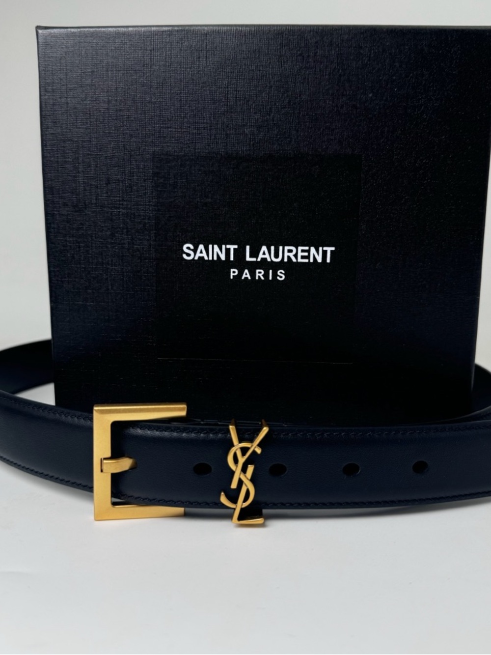 Saint Laurent Black Leather Belt with Gold YSL Accent